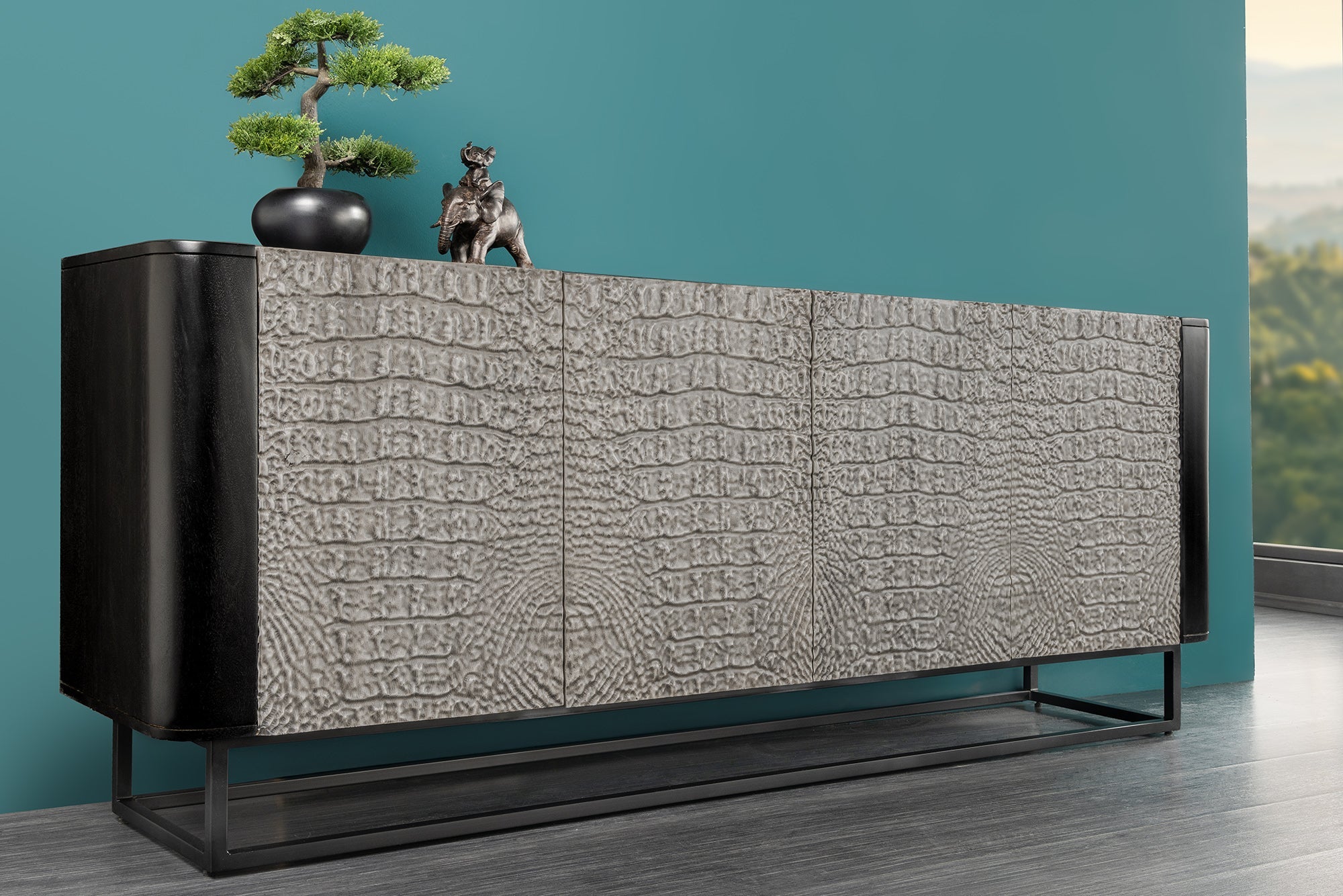 Invicta Comodă CROCO - 180cm | Mango, Negru | 177x75x38 cm