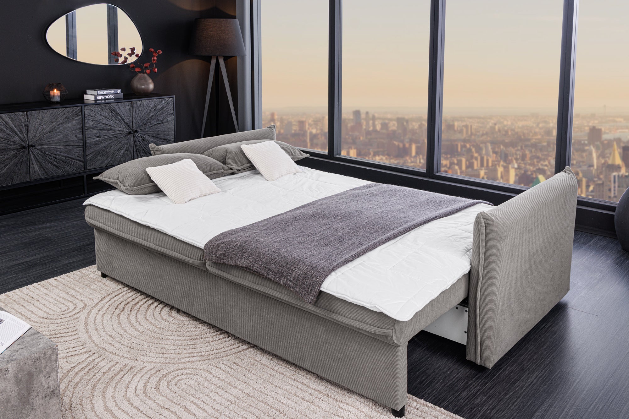 Invicta Canapea extensibilă APARTMENT - 215cm, 3 Locuri | Țesătură Cord, Gri | 215x90x100 cm