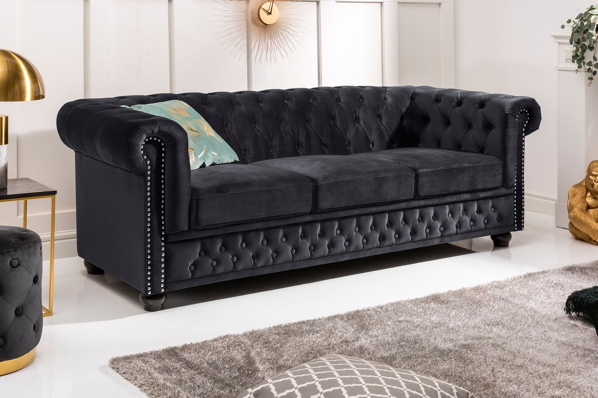 Invicta Canapea CHESTERFIELD - 205cm, 3 Locuri | Catifea, Negru | 205x73x85 cm