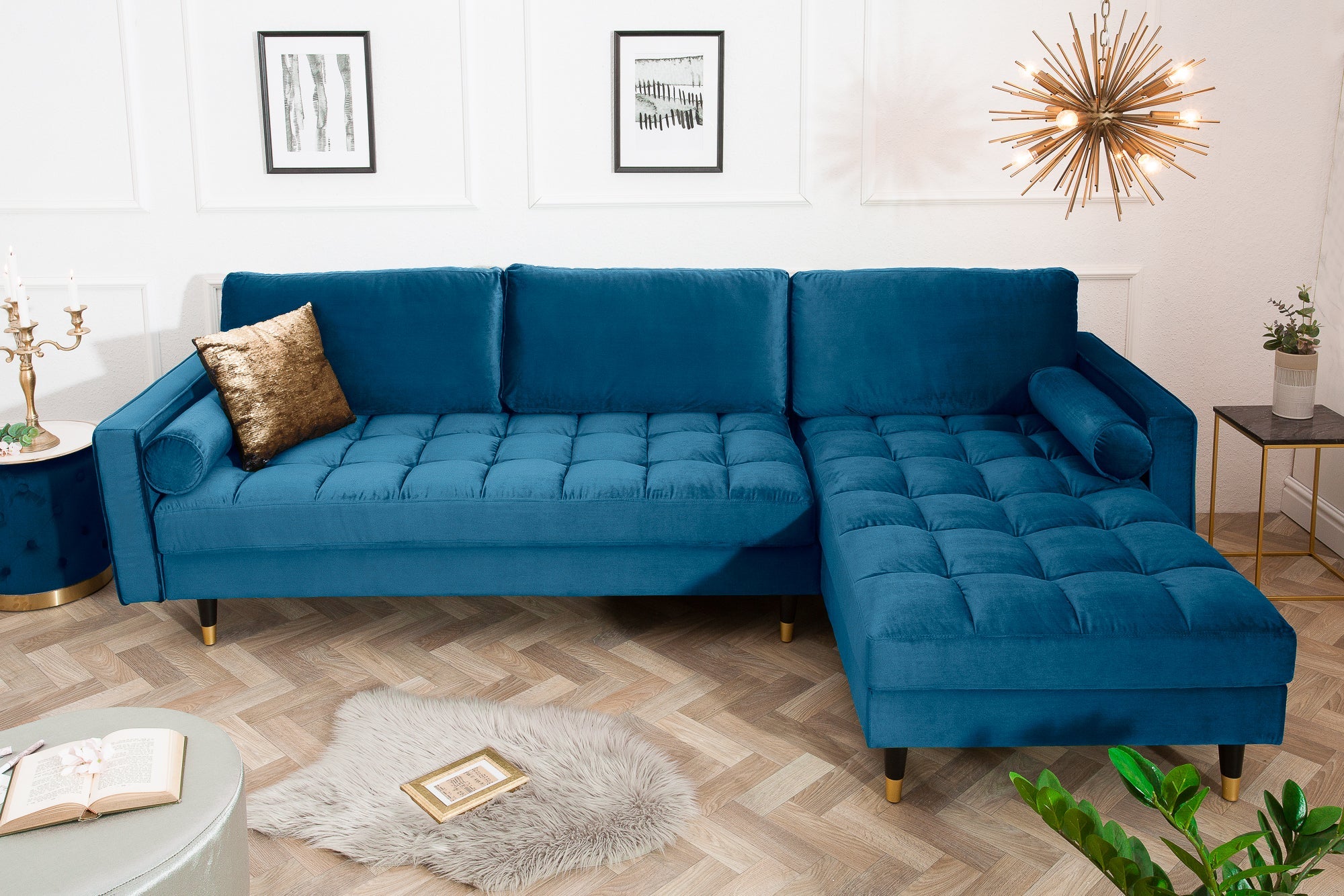 Invicta Canapea COZY VELVET - 260cm | Catifea, Albastru | 260x85x83 cm