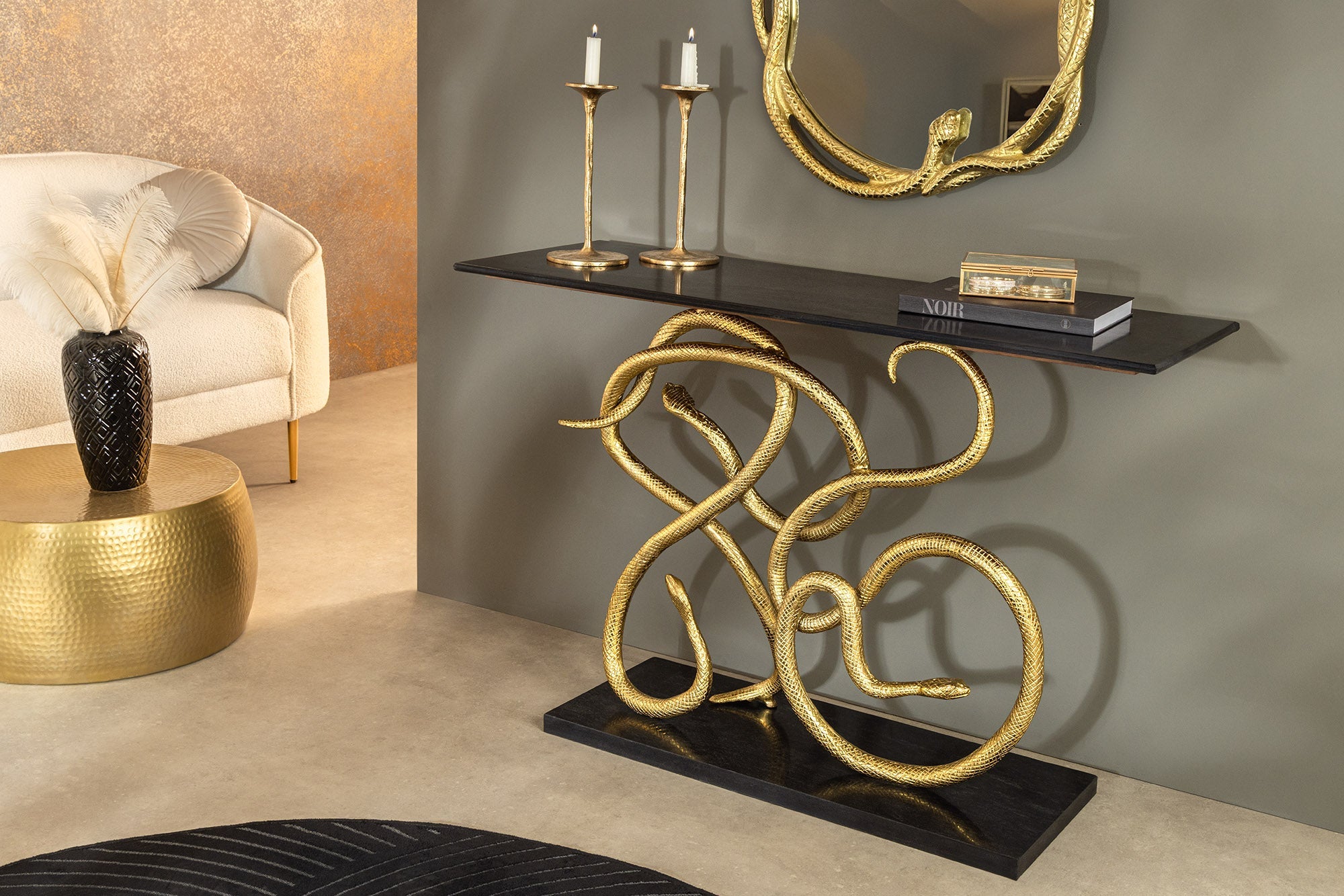 Invicta Consolă WILDLIFE SNAKE - 115cm | Marmură, Negru | 115x79x41 cm