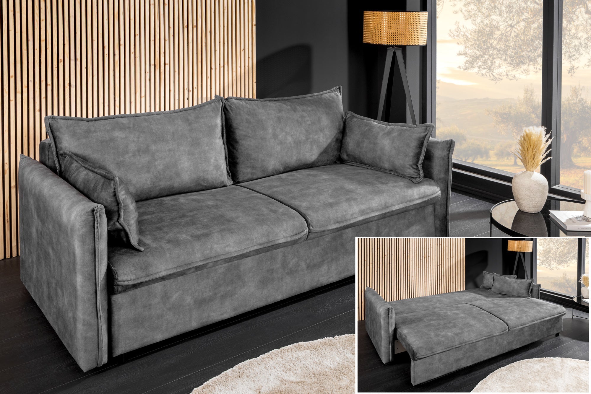 Invicta Canapea extensibilă APARTMENT - 215cm, 3 Locuri | Catifea, Gri | 215x90x100 cm