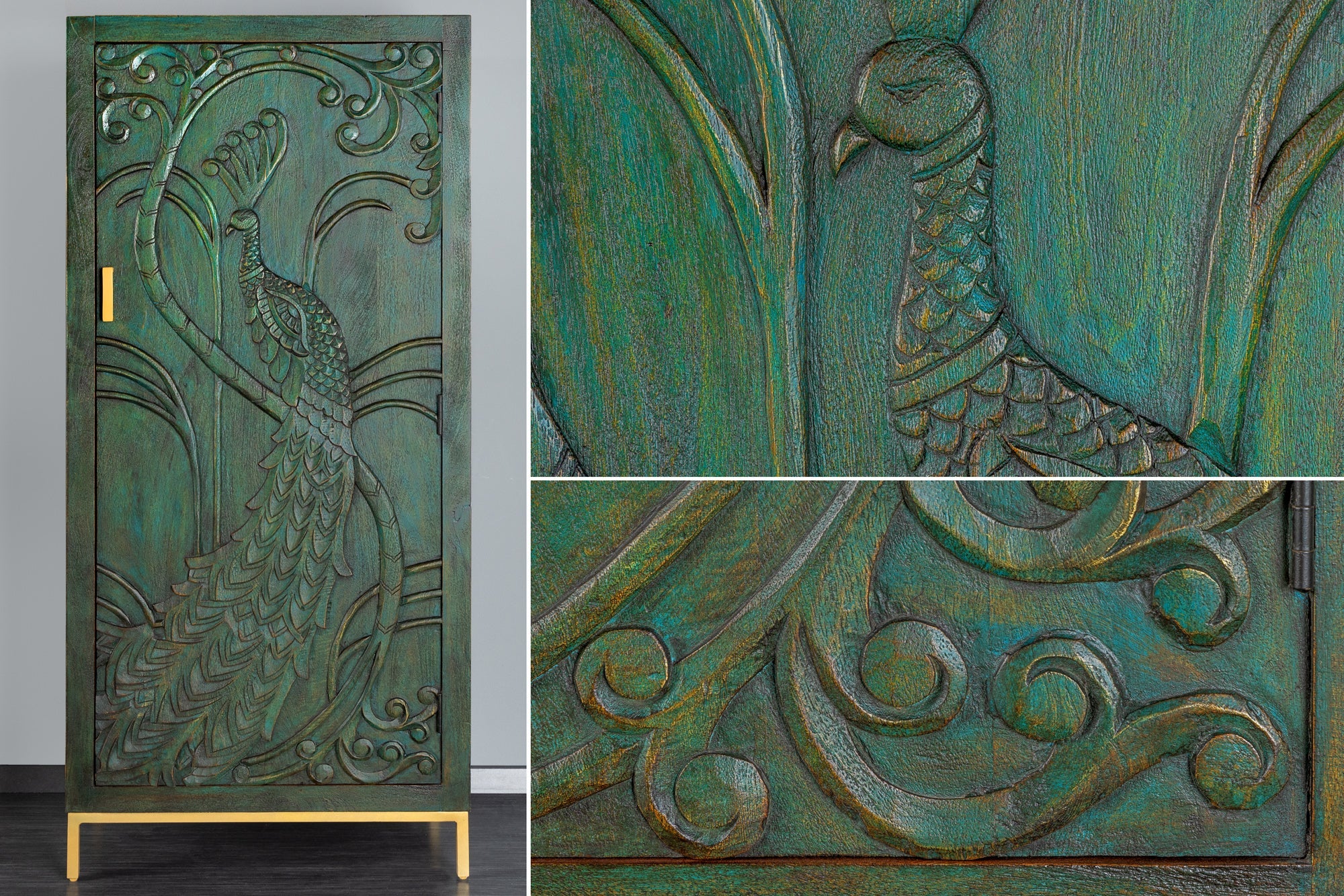 Invicta Vitrină înaltă PEACOCK - 170cm | Mango, Auriu | 72x166x45 cm
