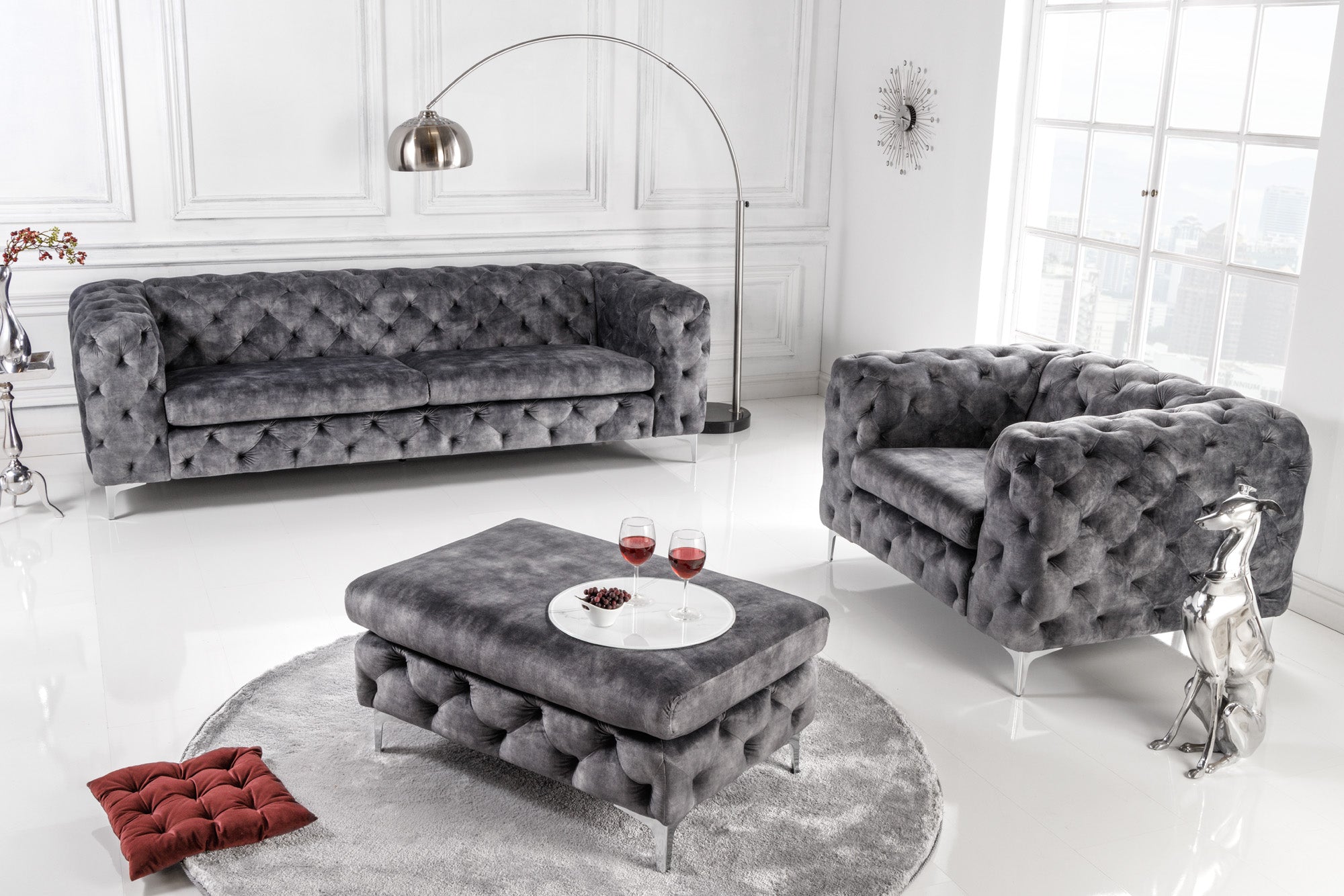 Invicta Fotoliu MODERN BAROCK - Chesterfield 120cm | Catifea, Gri | 120x70x100 cm