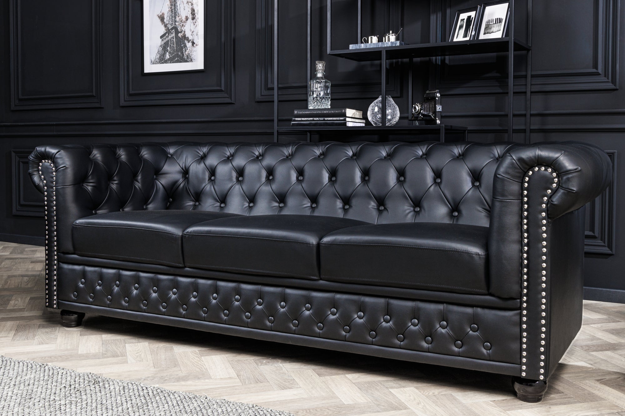 Invicta Canapea CHESTERFIELD - 205cm, 3 Locuri | Negru | 205x73x85 cm