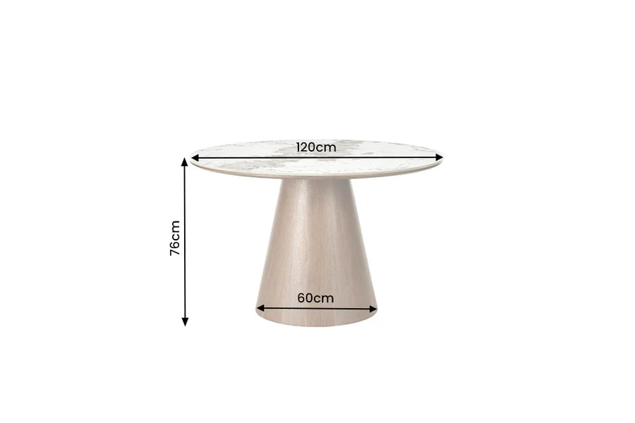 Masă de Dining Uniq 120 cm, Rotundă, Lemn Furniruit de Stejar și Blat Ceramic Pandora Aspect Marmură Albă