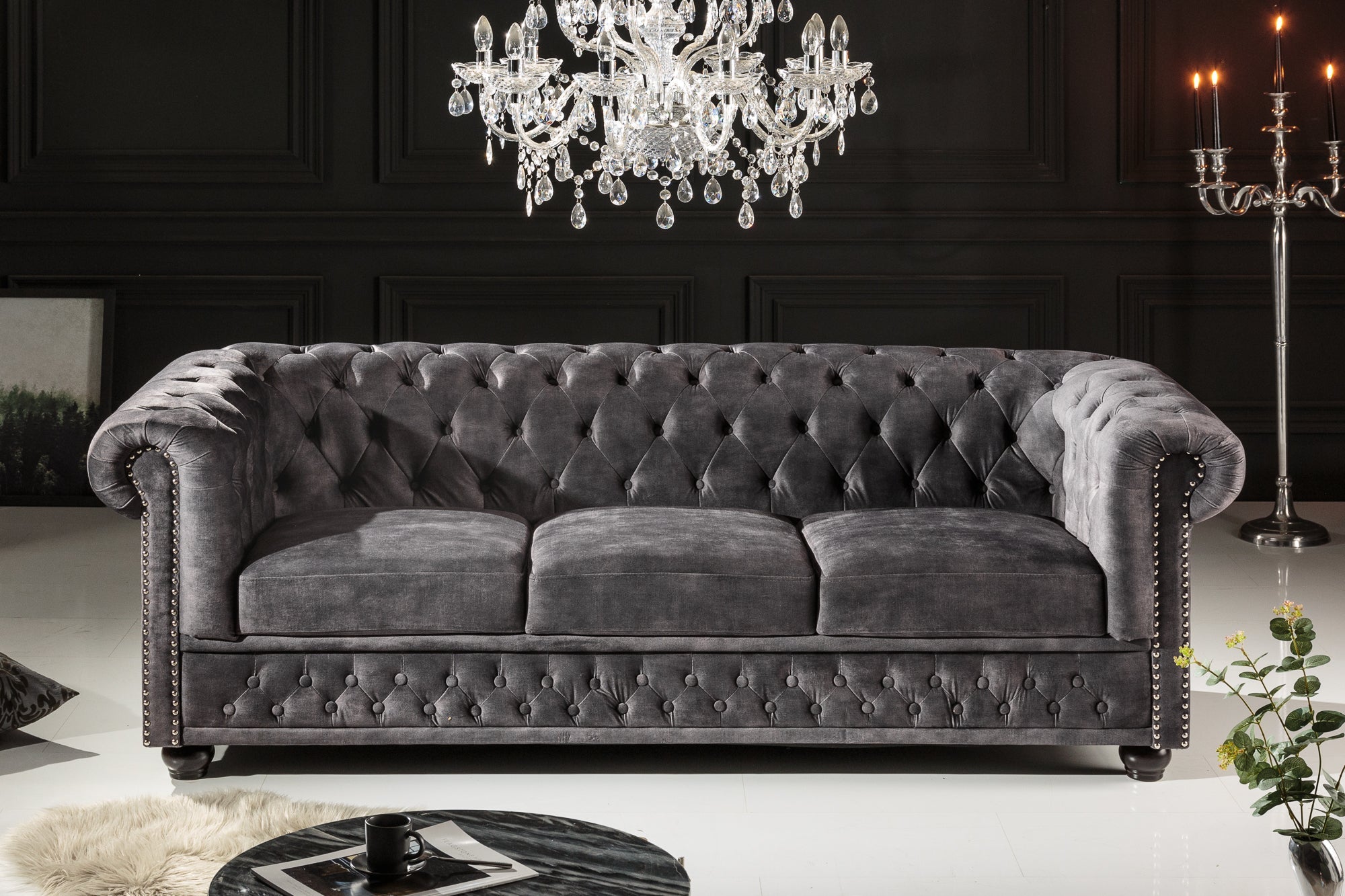 Invicta Canapea CHESTERFIELD - 205cm, 3 Locuri | Catifea, Gri | 205x73x85 cm