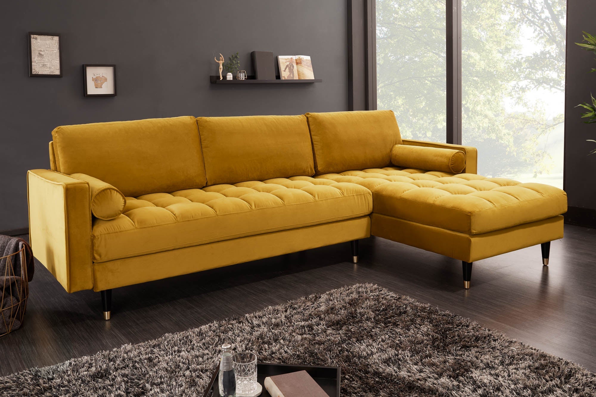 Invicta Canapea COZY VELVET - 260cm | Catifea, Galben Muștar | 260x85x83 cm