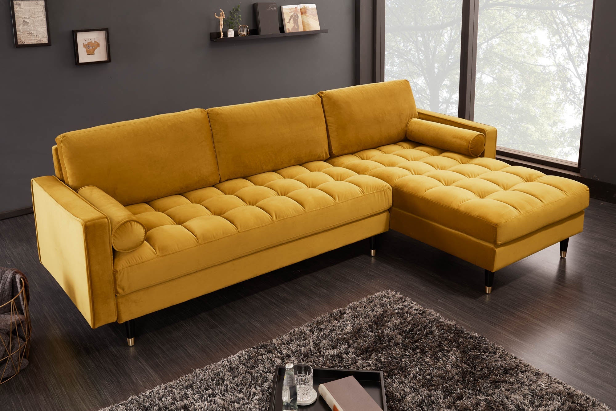 Invicta Canapea COZY VELVET - 260cm | Catifea, Galben Muștar | 260x85x83 cm