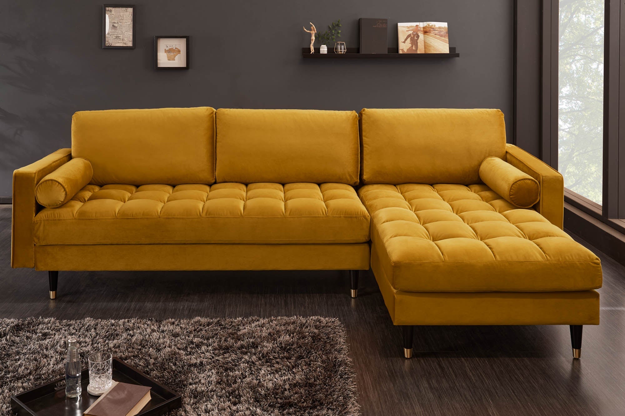 Invicta Canapea COZY VELVET - 260cm | Catifea, Galben Muștar | 260x85x83 cm