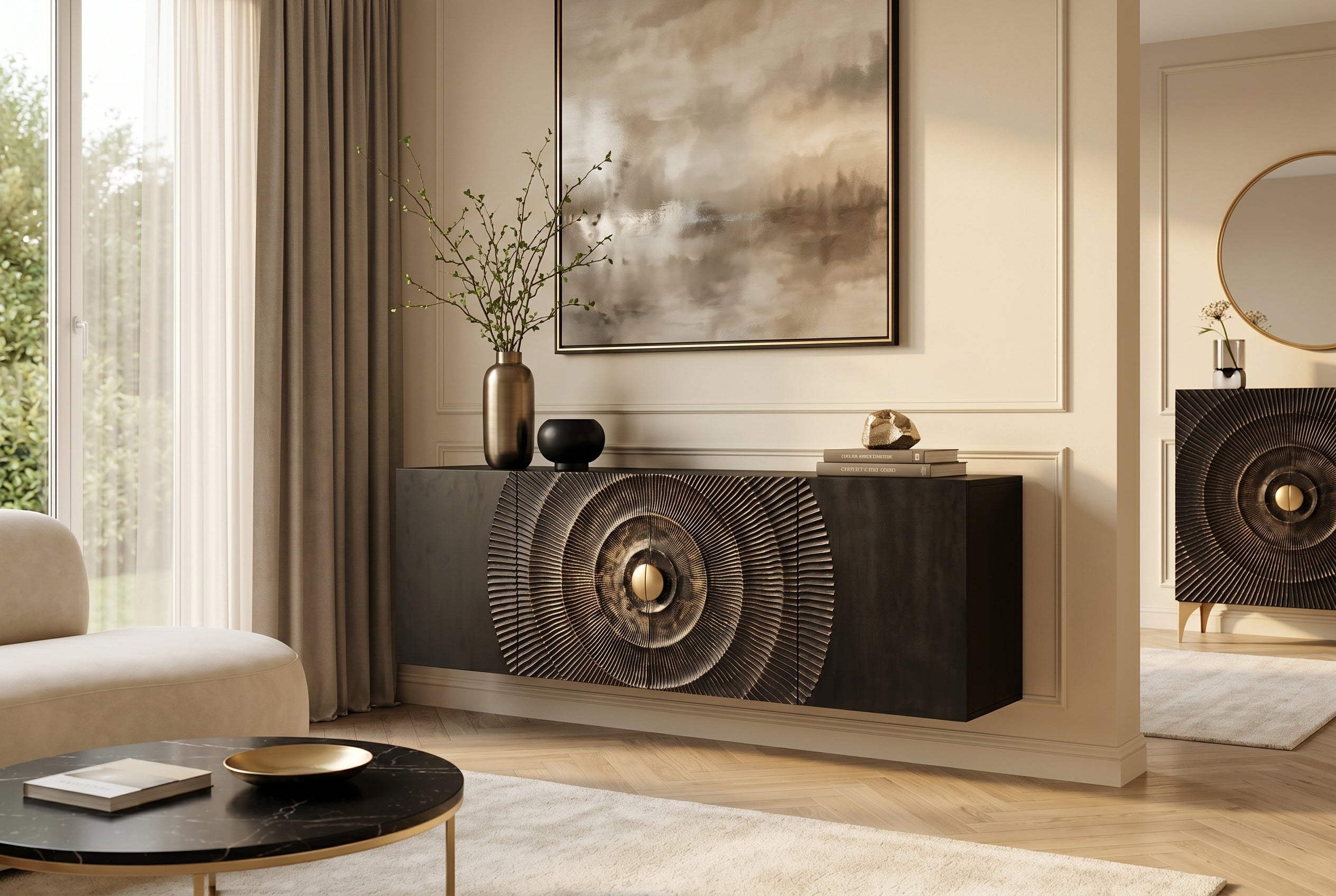 Invicta Comodă GOLDEN SUNSET - 180cm | Mango, Negru | 177x58x38 cm