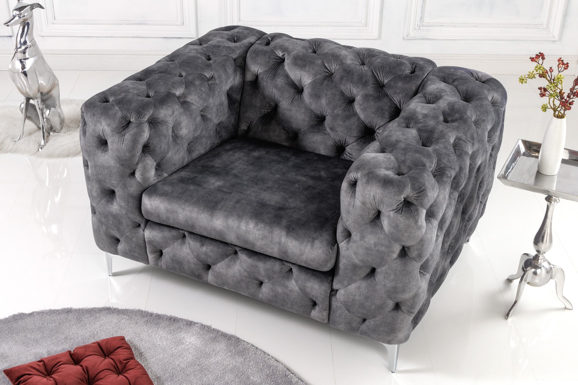 Invicta Fotoliu MODERN BAROCK - Chesterfield 120cm | Catifea, Gri | 120x70x100 cm