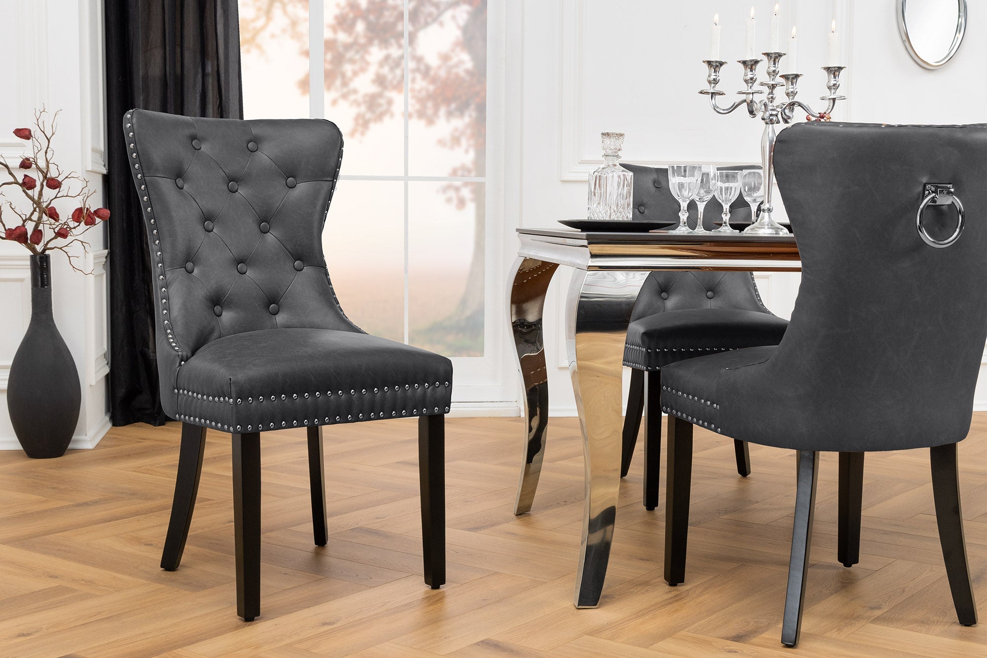 Scaun CASTLE cu mâner, piele ecologică vintage black, stil baroque (set 2 buc)