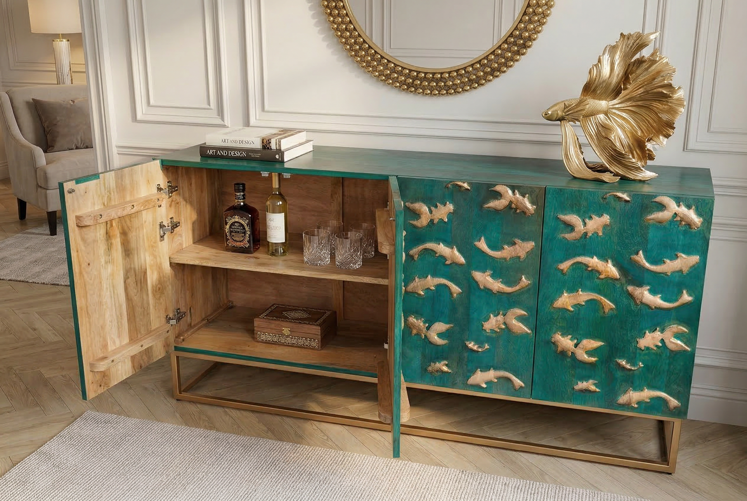 Invicta Comodă GOLDEN LAGOON - 180cm | Mango, Metal, Auriu | 177x75x39 cm