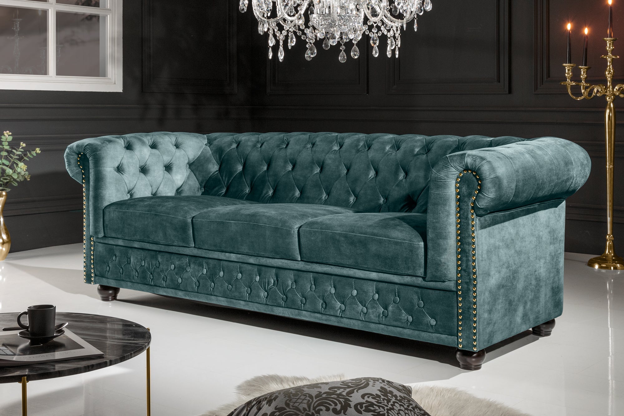 Invicta Canapea CHESTERFIELD - 205cm, 3 Locuri | Catifea | 205x73x87 cm