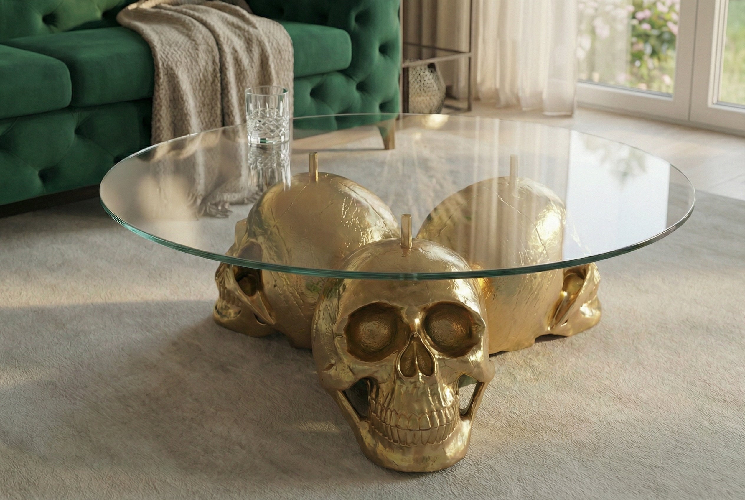 Invicta Masă cafea SKULL - 90cm | Sticlă, Auriu | 90x33x90 cm
