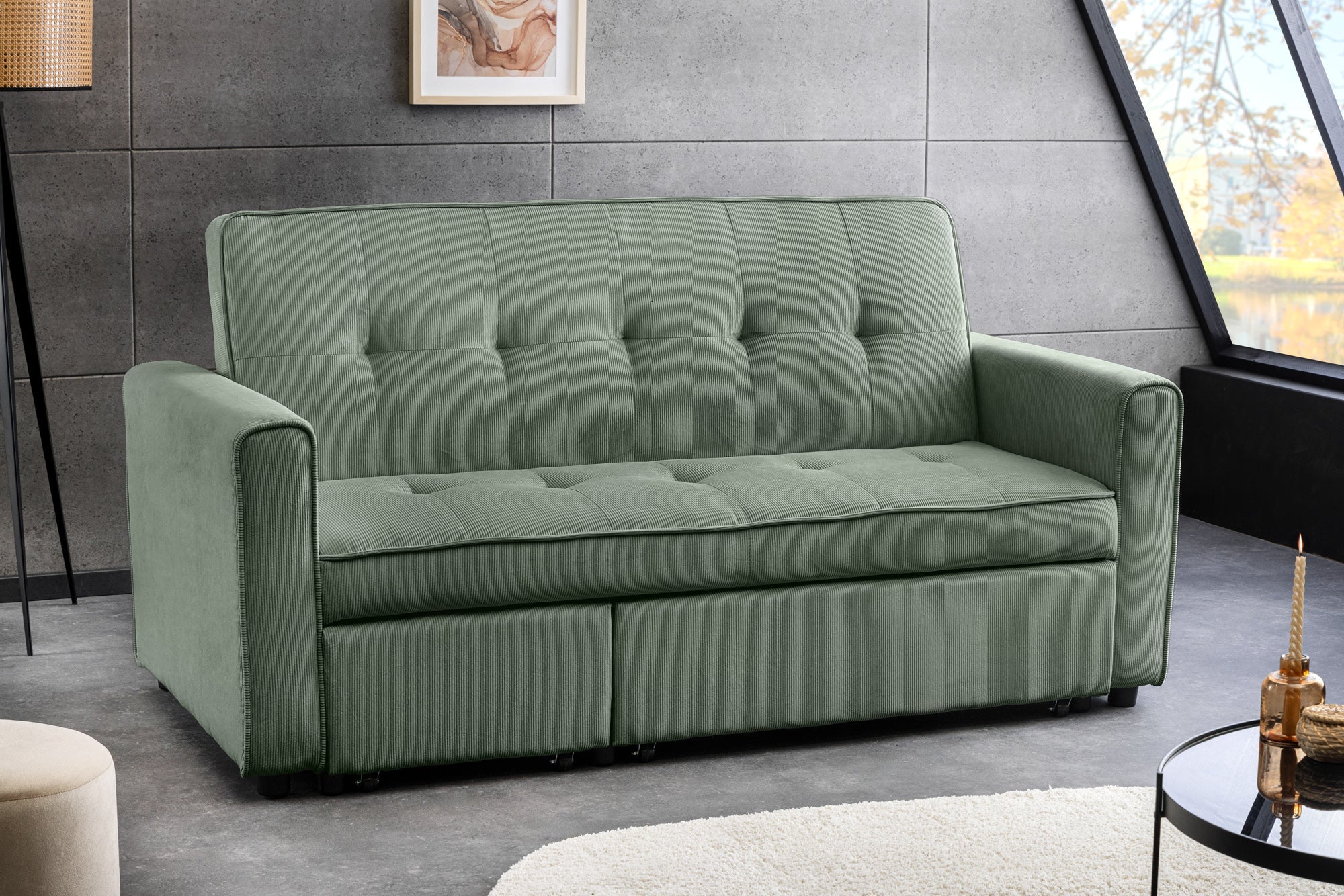 Invicta Canapea extensibilă SMART - 180cm, 2 Locuri | Țesătură Cord, Verde | 180x95x90 cm