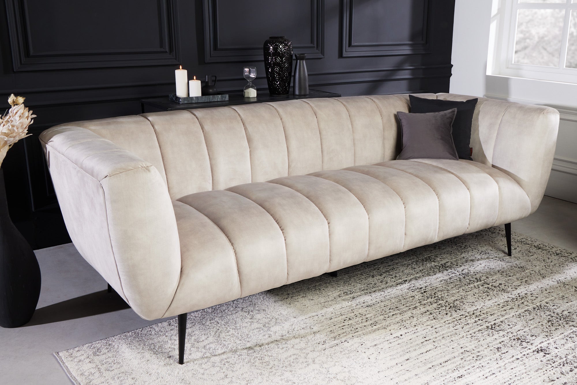 Invicta Canapea NOBLESSE - 225cm, 3 Locuri | Catifea, Țesătură Texturată, Negru | 225x80x90 cm
