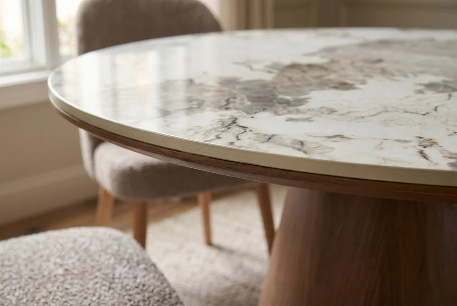 Masă de Dining Uniq 120 cm, Rotundă, Lemn Furniruit de Stejar și Blat Ceramic Pandora Aspect Marmură Albă