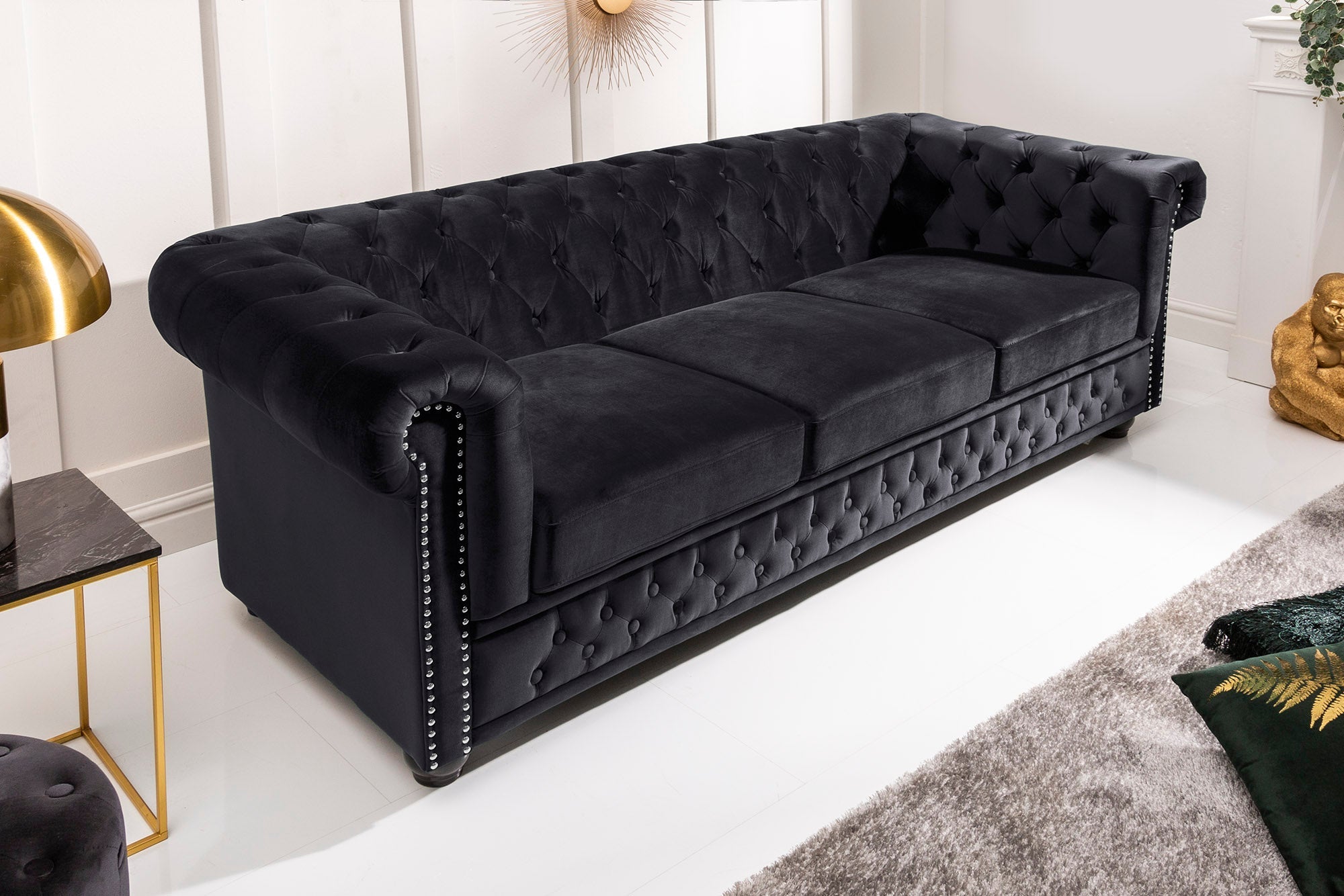 Invicta Canapea CHESTERFIELD - 205cm, 3 Locuri | Catifea, Negru | 205x73x85 cm