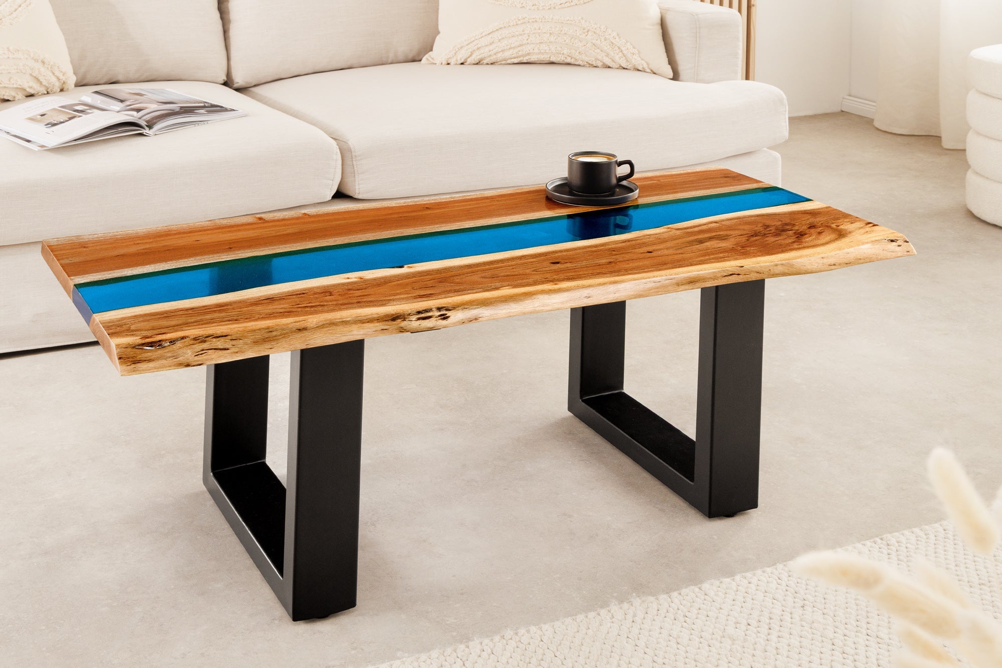 Invicta Masă cafea LIQUID - 110cm | Acacia, Albastru | 110x45x50 cm