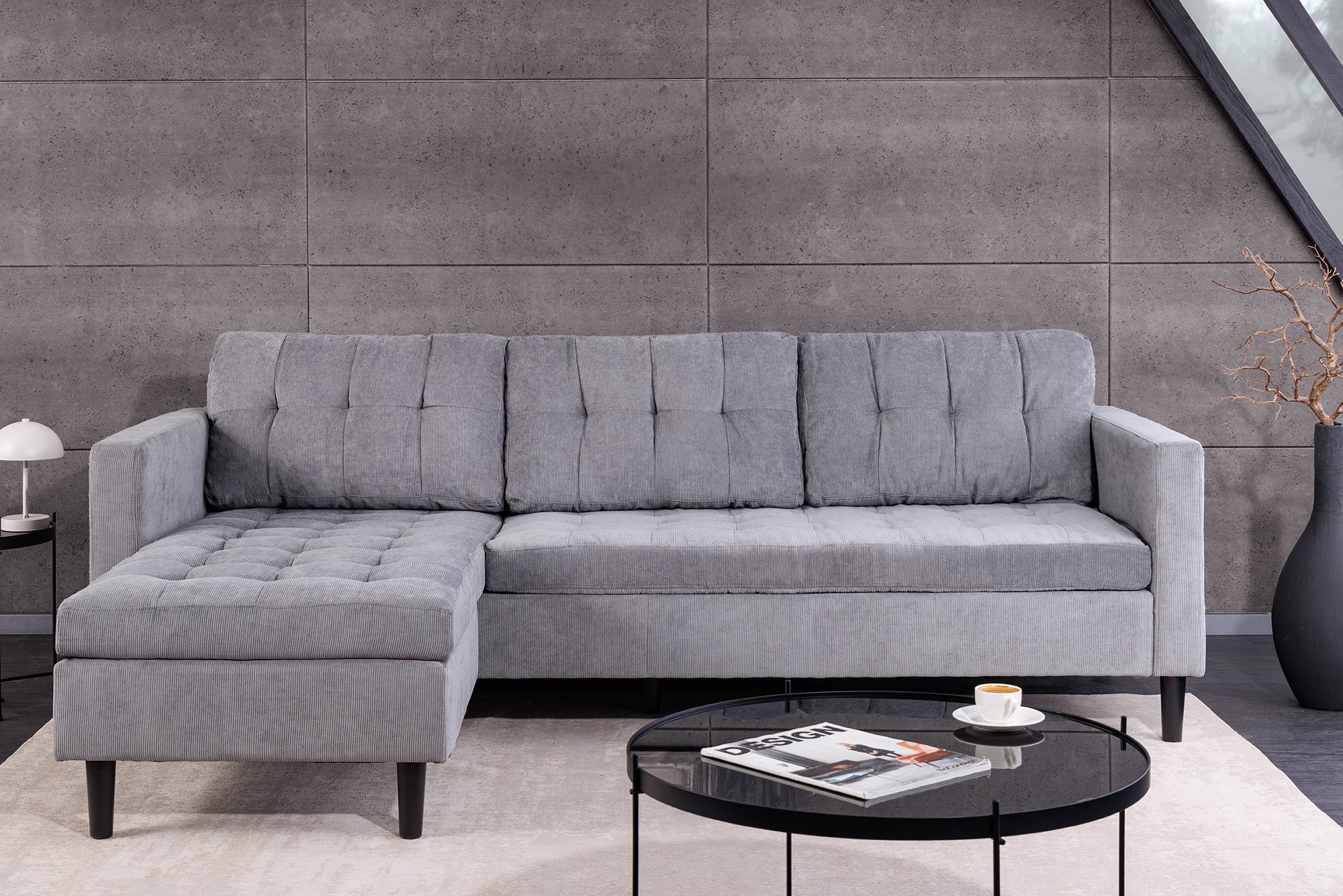 Invicta Canapea STOCKHOLM - 220cm, 3 Locuri | Țesătură Cord, Gri | 220x90x85 cm