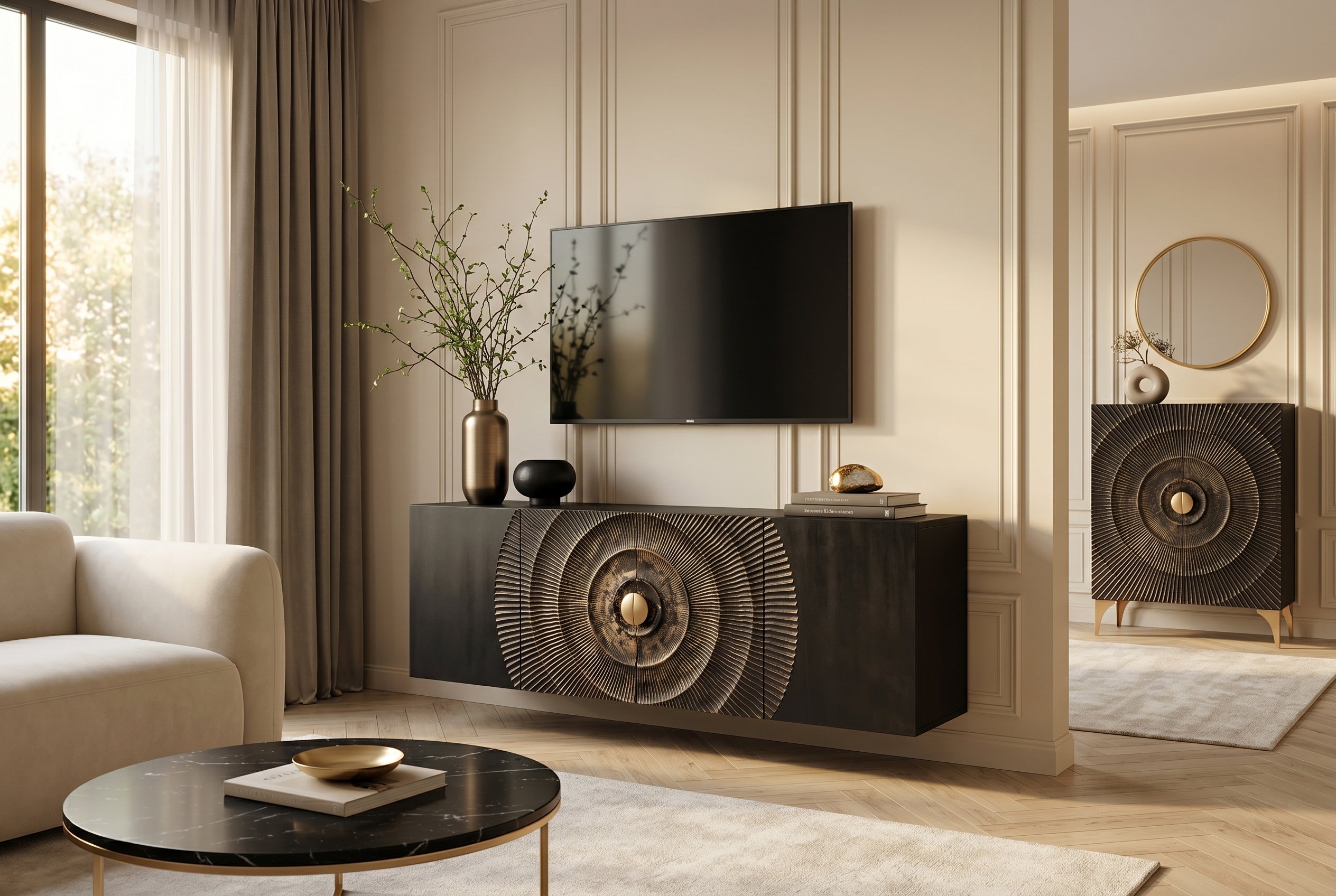 Invicta Comodă GOLDEN SUNSET - 180cm | Mango, Negru | 177x58x38 cm