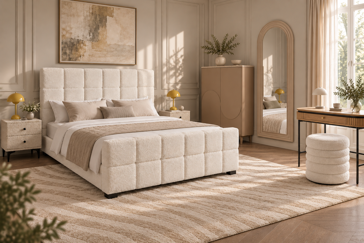 Pachet Complet Dormitor Invicta Interior (8 Piese) – Pat PRESTIGE 180x200 cm, Noptiere, Comodă SAVOY, Birou, Covor, Oglindă și Taburet | Economisești 22% + Transport Inclus