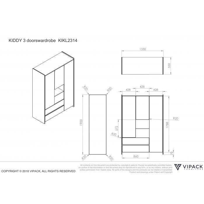 Dulap cu 3 usi si 2 sertare KIDDY - Vipack