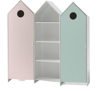 Deze CASAMI combinatie bestaat uit 3 kasten: 2 kastjes met mint groene en roze deur en 1 open kast. - PARIS14A.RO