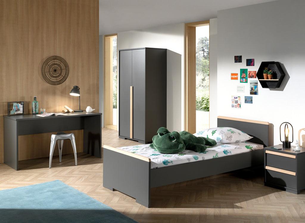 Deze LONDON combinatie in antraciet bestaat uit een bed (90x200) met nachtkastje, 2-deurs kleerkast en bureau. - PARIS14A.RO