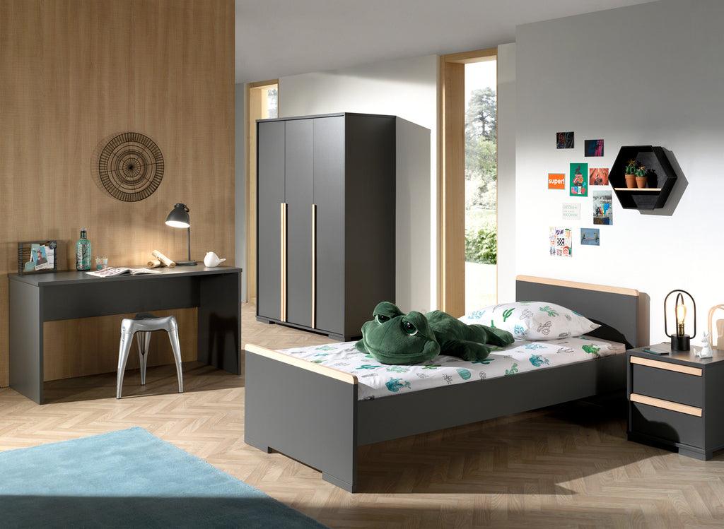 Deze LONDON combinatie in antraciet bestaat uit een bed (90x200) met nachtkastje, 3-deurs kleerkast en bureau. - PARIS14A.RO