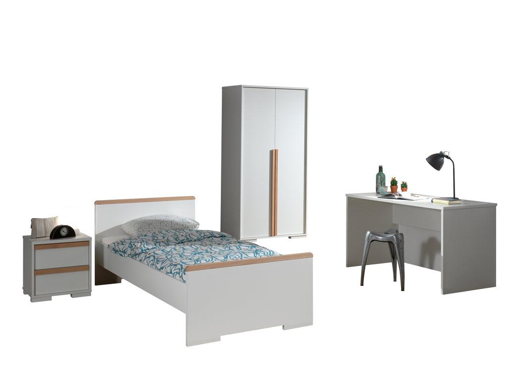 Deze LONDON combinatie in wit bestaat uit een bed (90x200) met nachtkastje, 2-deurs kleerkast en bureau. - PARIS14A.RO