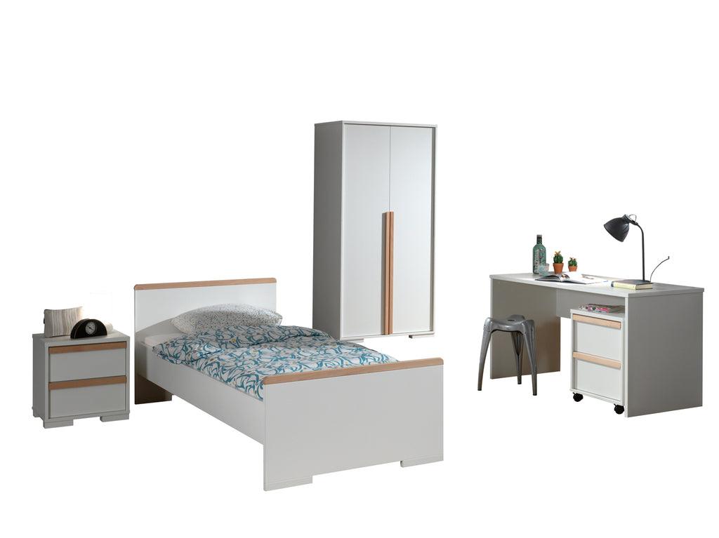 Deze LONDON combinatie in wit bestaat uit een bed (90x200) met nachtkastje, 2-deurs kleerkast en bureau met bijhorende rolcontainer. - PARIS14A.RO