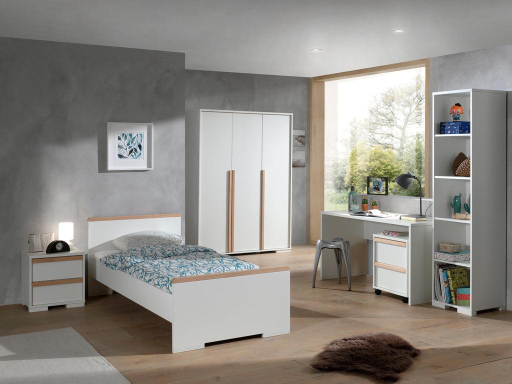 Deze LONDON combinatie in wit bestaat uit een bed (90x200) met nachtkastje, 3-deurs kleerkast, bureau met rolcontainer en boekenkast. - PARIS14A.RO