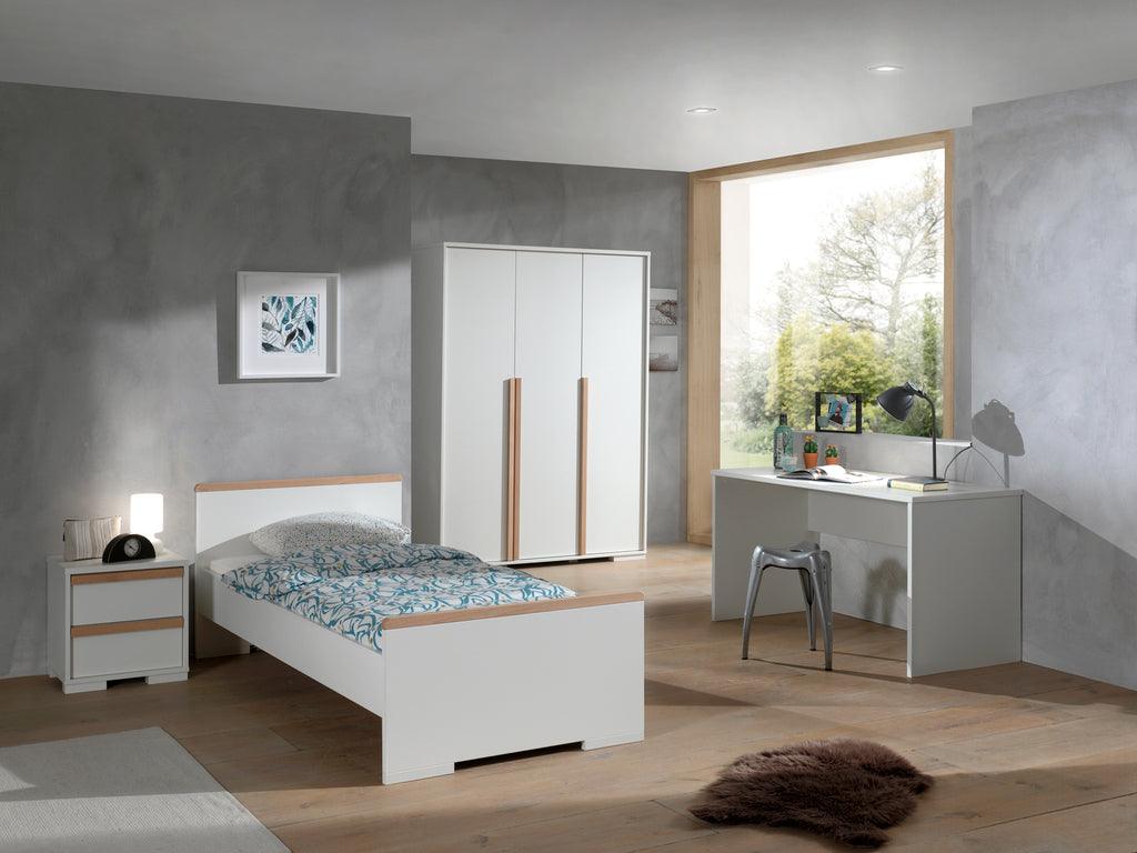 Deze LONDON combinatie in wit bestaat uit een bed (90x200) met nachtkastje, 3-deurs kleerkast en bureau. - PARIS14A.RO