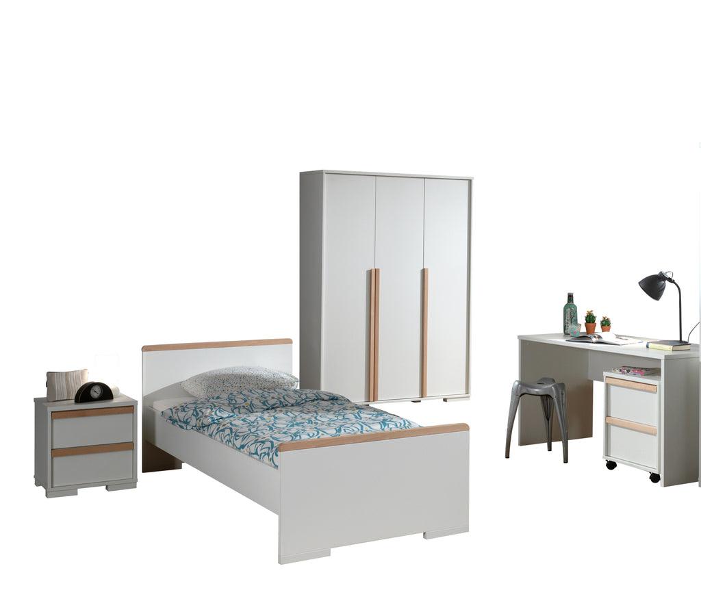 Deze LONDON combinatie in wit bestaat uit een bed (90x200) met nachtkastje, 3-deurs kleerkast en bureau met rolcontainer. - PARIS14A.RO