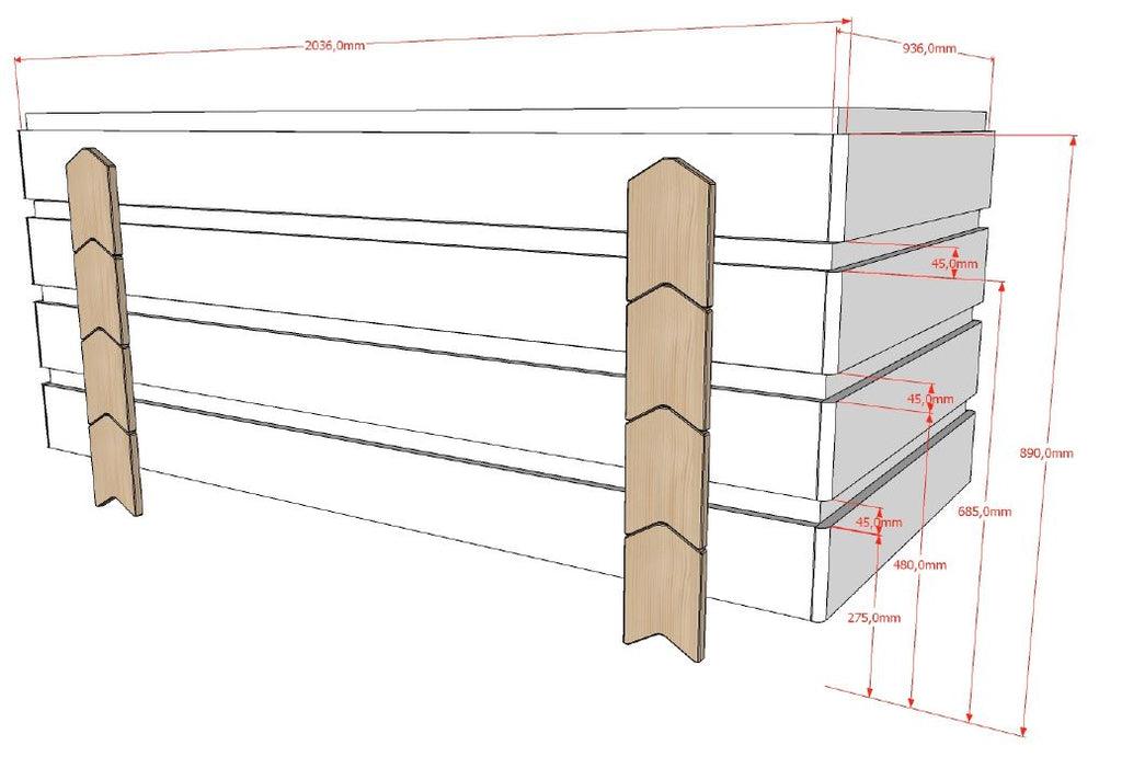 Deze MODULO combinatie bestaat uit 4 grijze MODULO bedden (90 x 200 cm) met massieve poten in de vormvan een pijl. - PARIS14A.RO