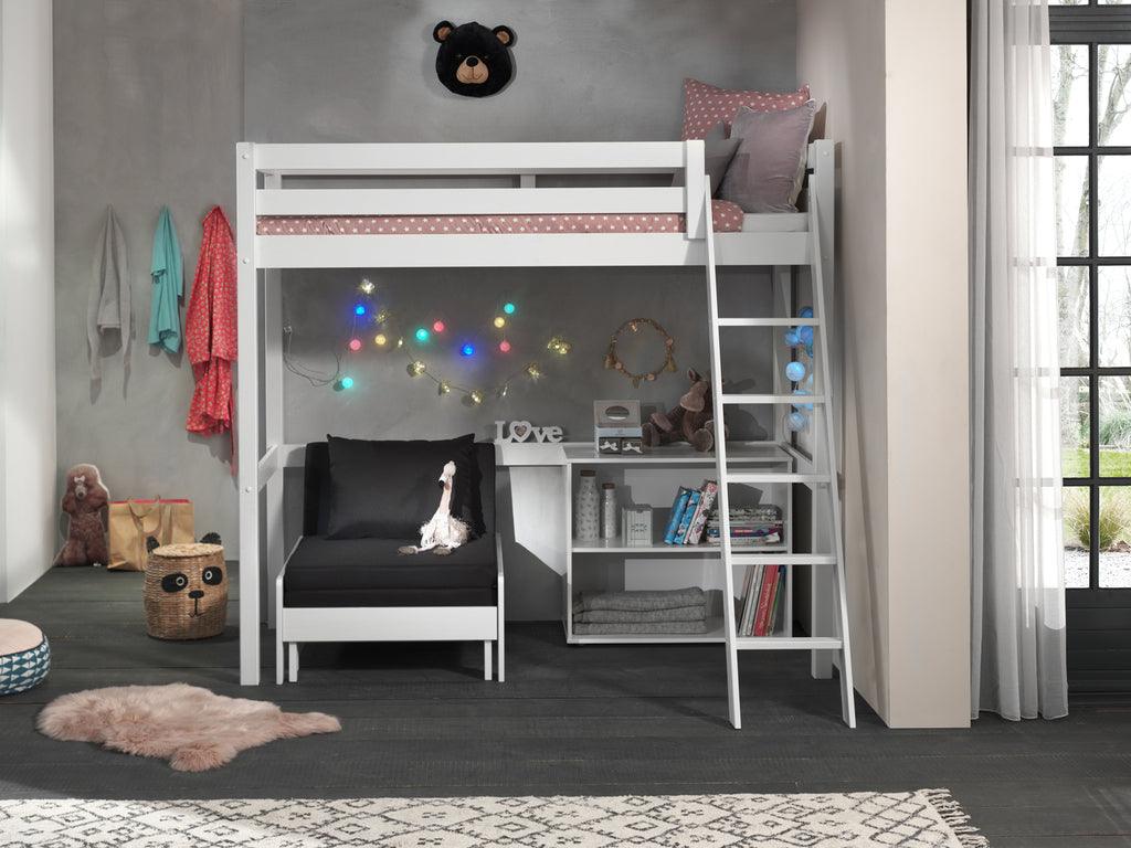 Deze PINO-combinatie bestaat uit een PINO mezzanine 90x200cm wit , een PINO boekenkast en een PINO zetelbed wit - PARIS14A.RO