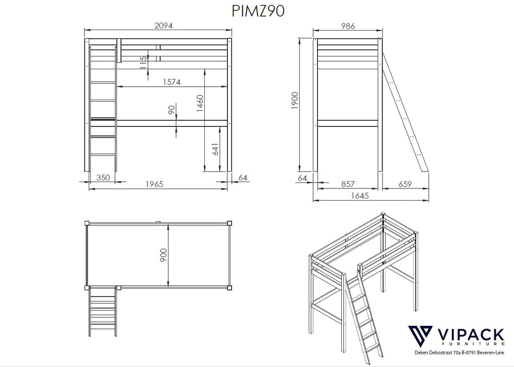 Pat alb cu comoda cu 4 sertare si canapea extensibila PINO - Vipack