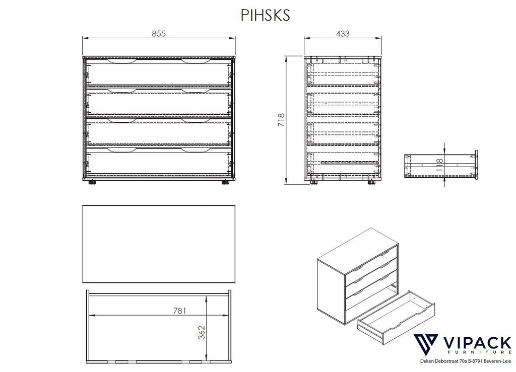 Pat alb cu comoda cu 4 sertare si canapea extensibila PINO - Vipack