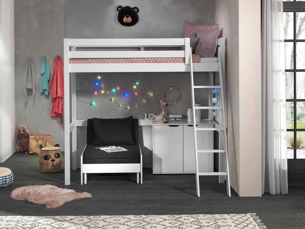 Deze PINO-combinatie bestaat uit een PINO mezzanine 90x200cm wit , een PINO kommode met 2 deuren en een PINO zetelbed wit - PARIS14A.RO