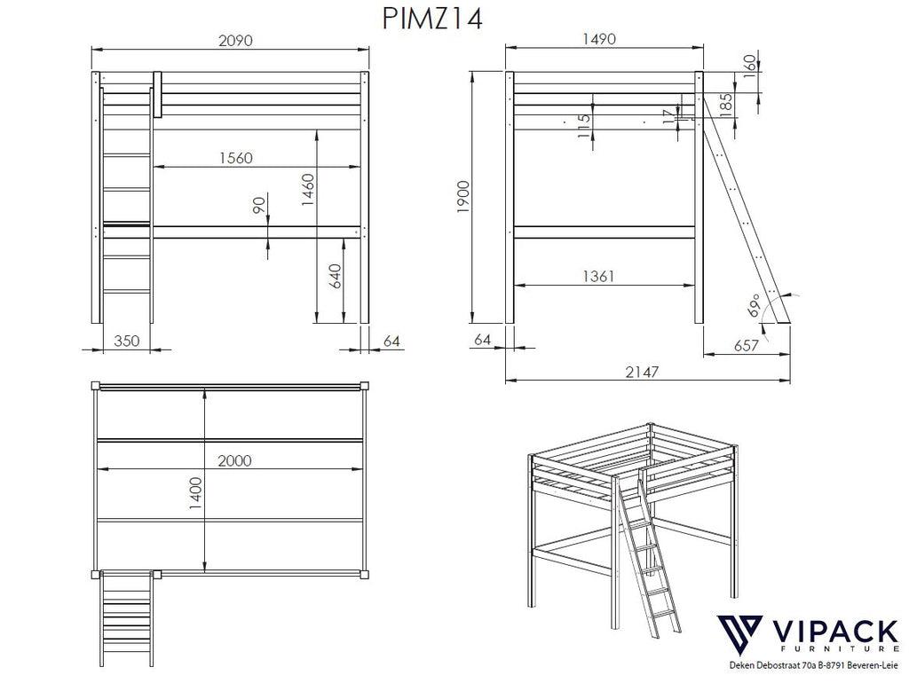 Pat alb 140x200 cm cu comoda cu 2 usi si o canapea extensibila PINO - Vipack