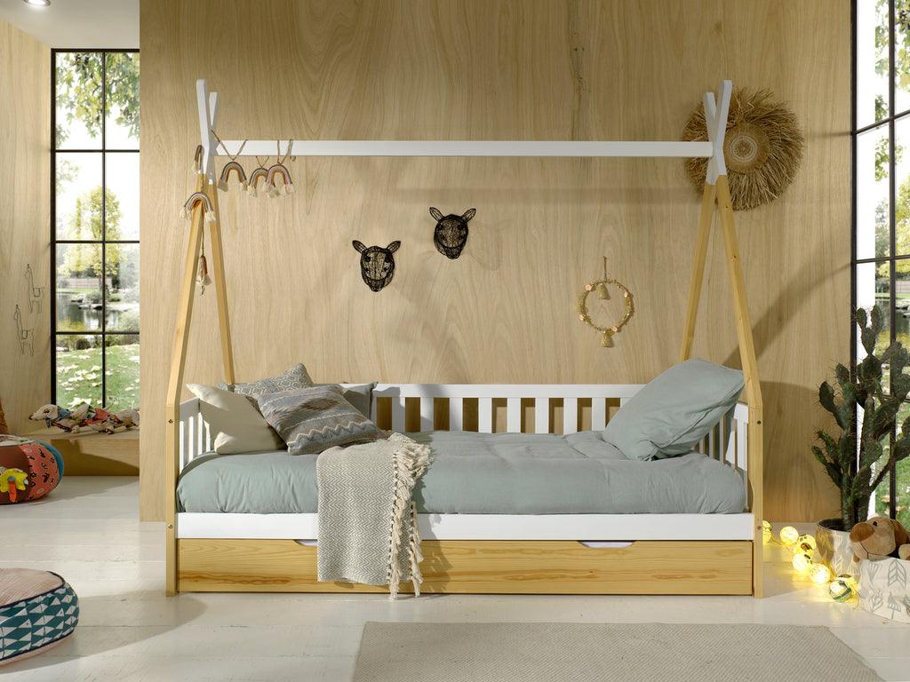 Deze TIPI combinatie bestaat uit het verhoogde TIPI bed (90 x 200 cm) met hekje en natuurkleurige bedlade. - PARIS14A.RO