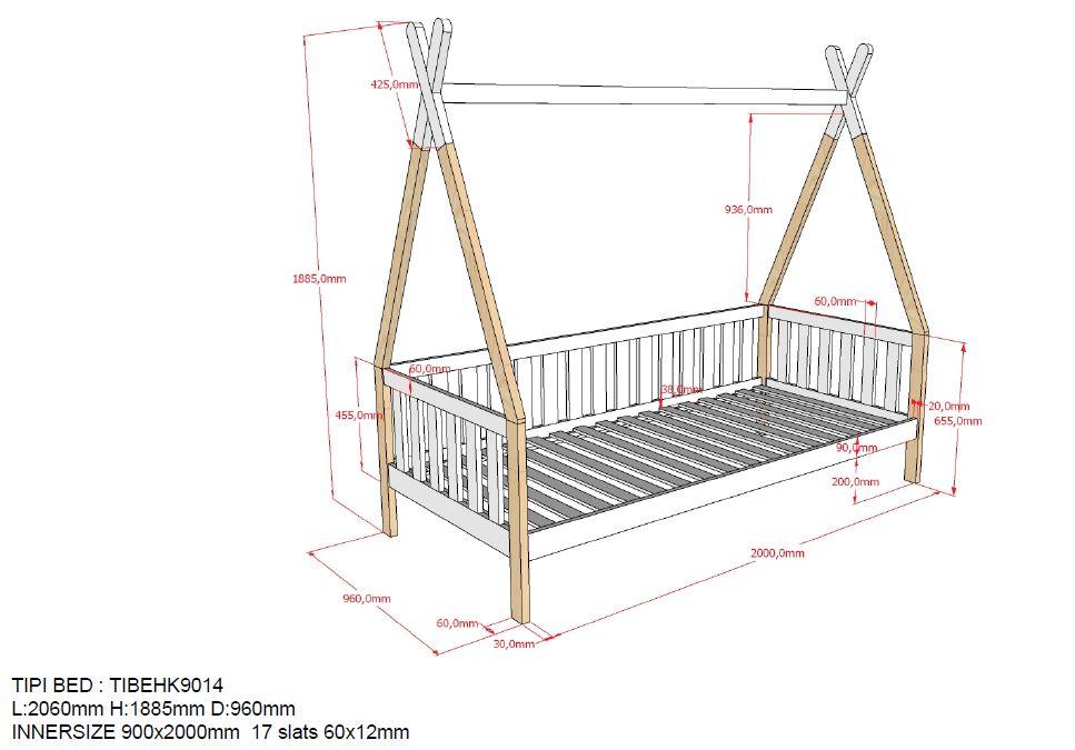 Deze TIPI combinatie bestaat uit het verhoogde TIPI bed (90 x 200 cm) met hekje en natuurkleurige bedlade. - PARIS14A.RO