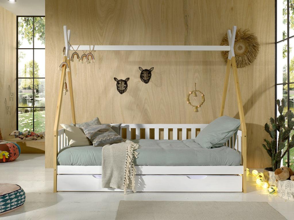 Deze TIPI combinatie bestaat uit het verhoogde TIPI bed (90 x 200 cm) met hekje en witte bedlade. - PARIS14A.RO