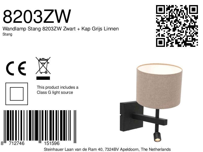 Lampă de perete Stang 8203ZW Negru + Abajur Gri din Lână - PARIS14A.RO