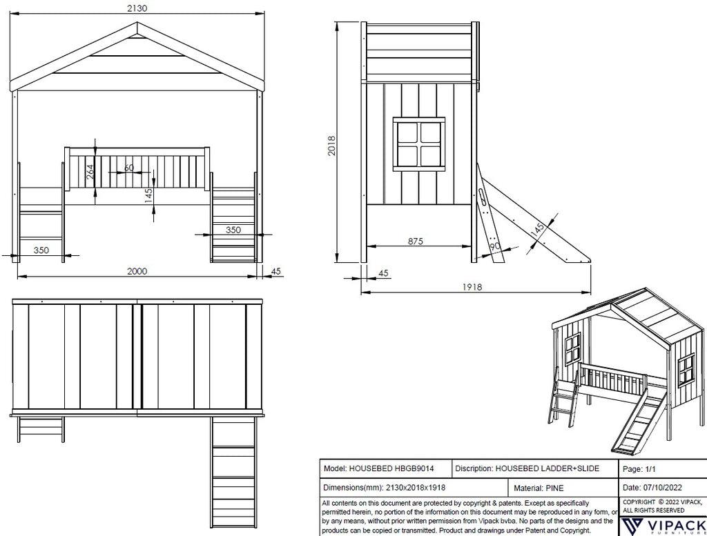 Pat casuta cu scara si tobogan HOUSEBEDS - Vipack - PARIS14A.RO