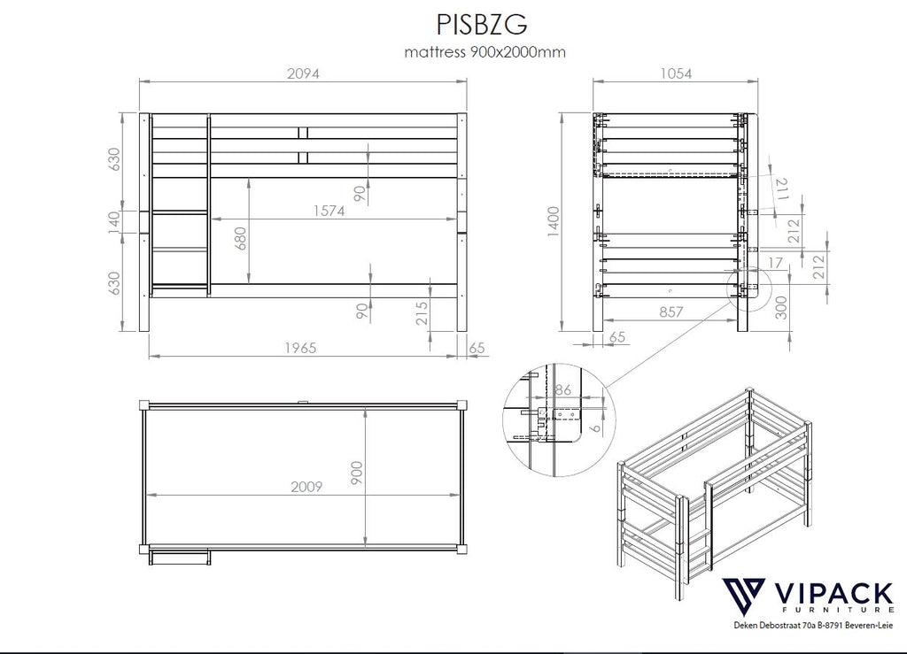 Pat supraetajat cu 2 sertare gri PINO / inaltime 140 cm - Vipack - PARIS14A.RO