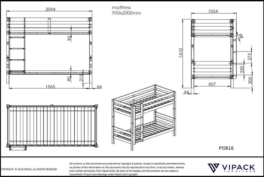 Pat supraetajat cu sertar gri PINO / inaltime 160 cm - Vipack - PARIS14A.RO